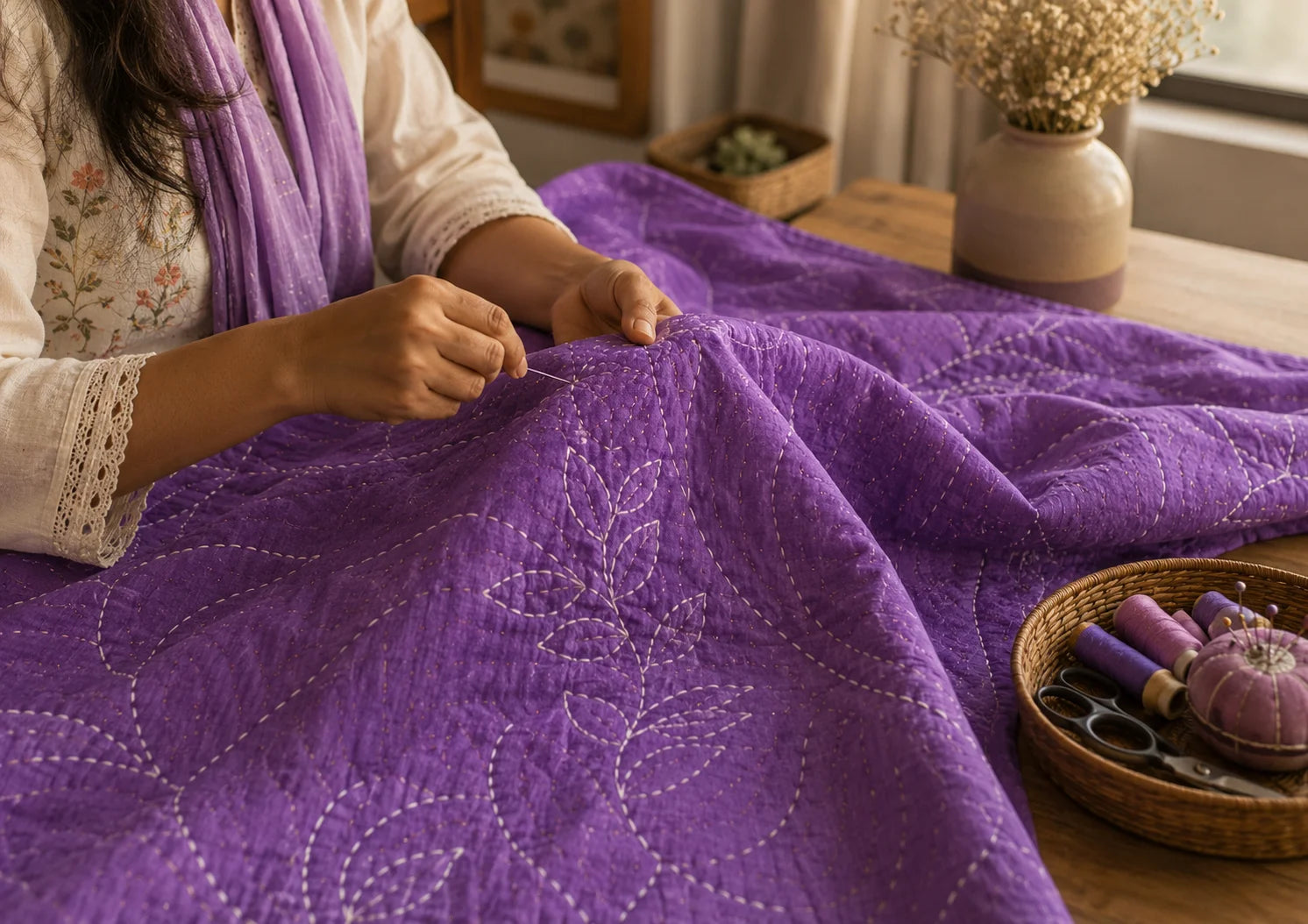 Hand Stitch Bed Cover Set – Purple Blossom