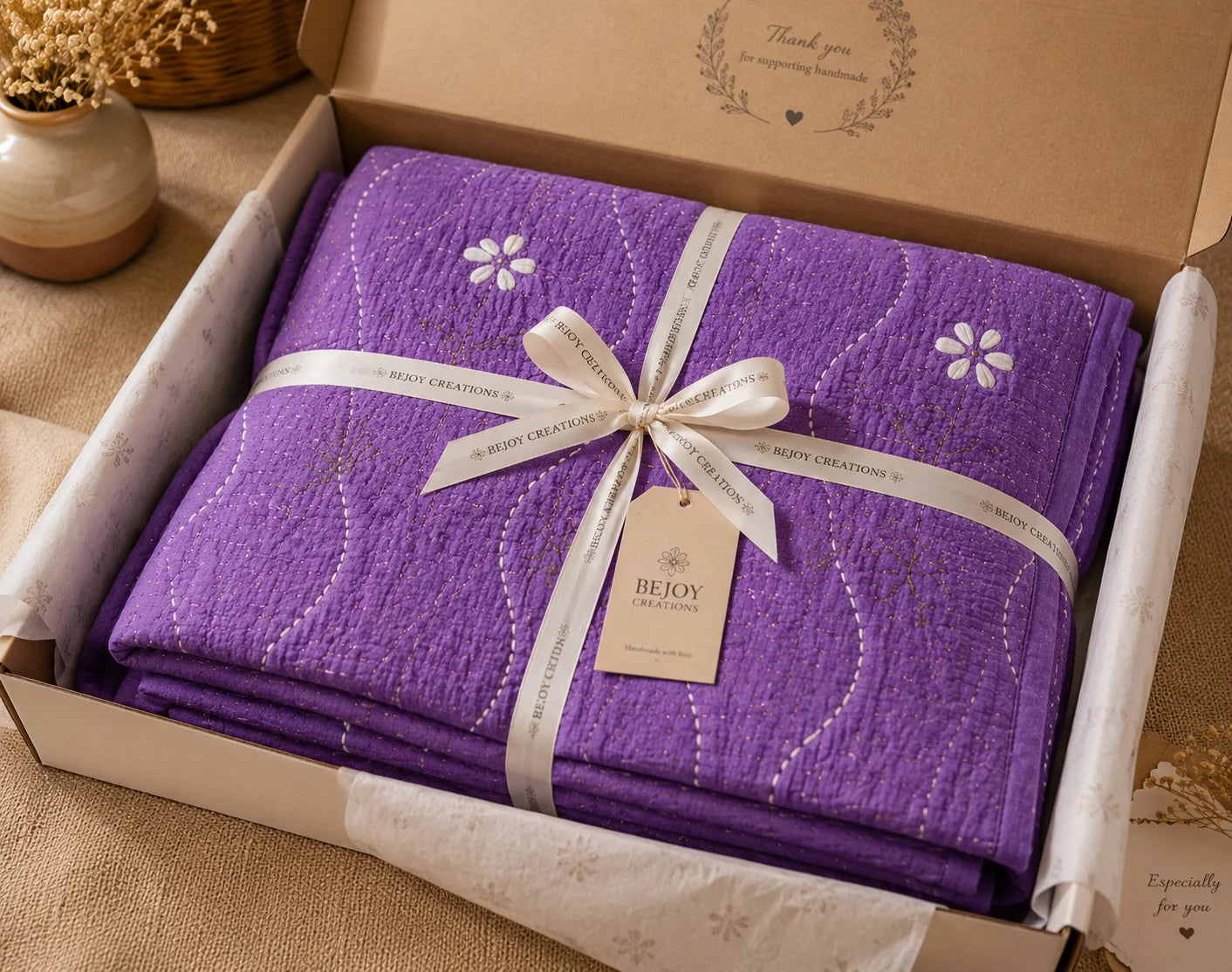 Hand Stitch Bed Cover Set – Purple Blossom