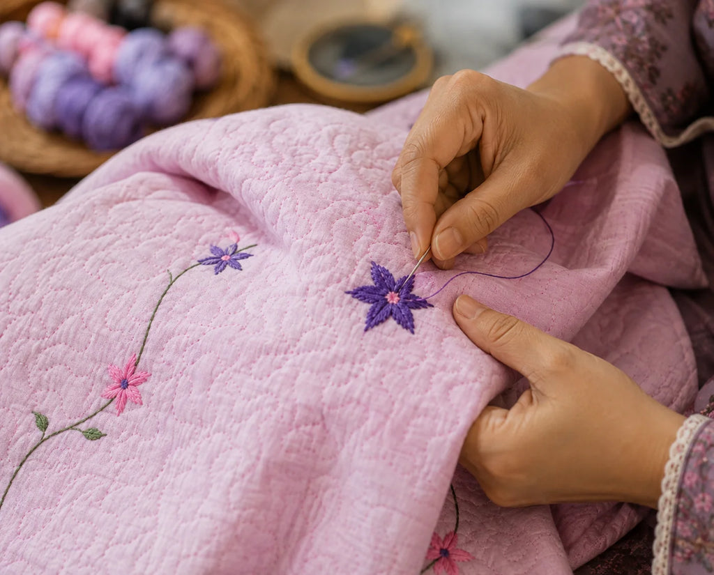 Hand Stitch Bed Cover Set – Pink Blossom Garden