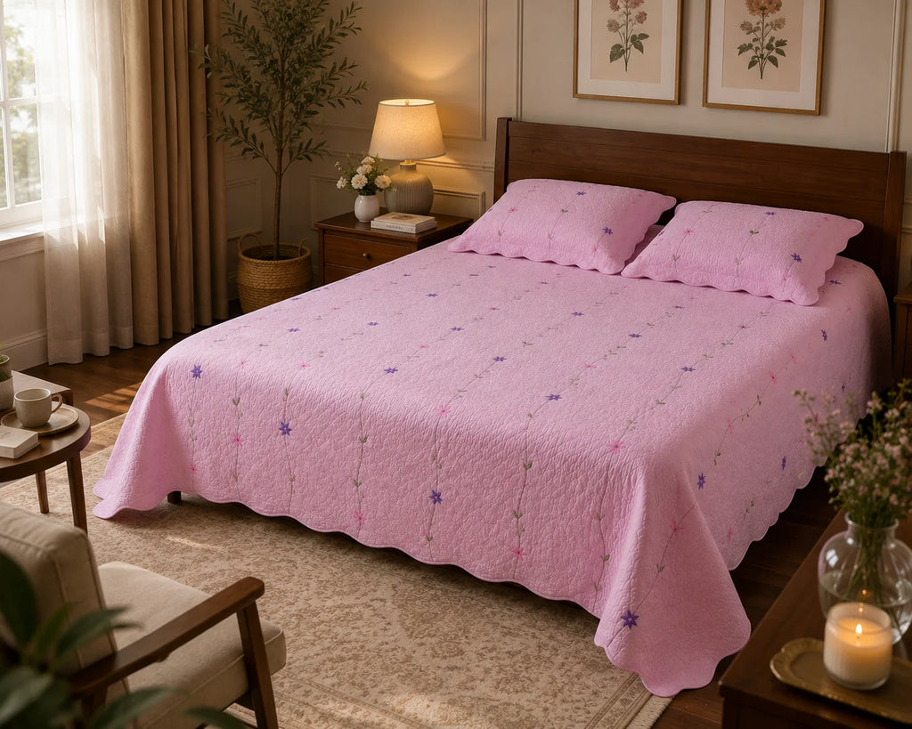 Hand Stitch Bed Cover Set – Pink Blossom Garden