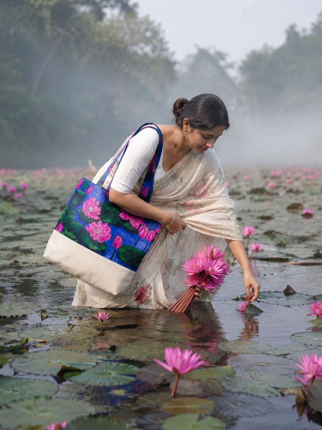 Printed Fabric Ladies Tote Bag – Lotus Garden