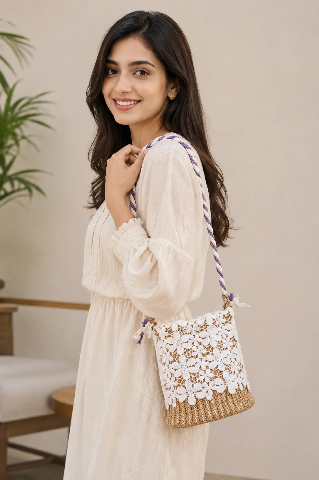 Handmade Crochet Bucket Bag – Floral Elegance