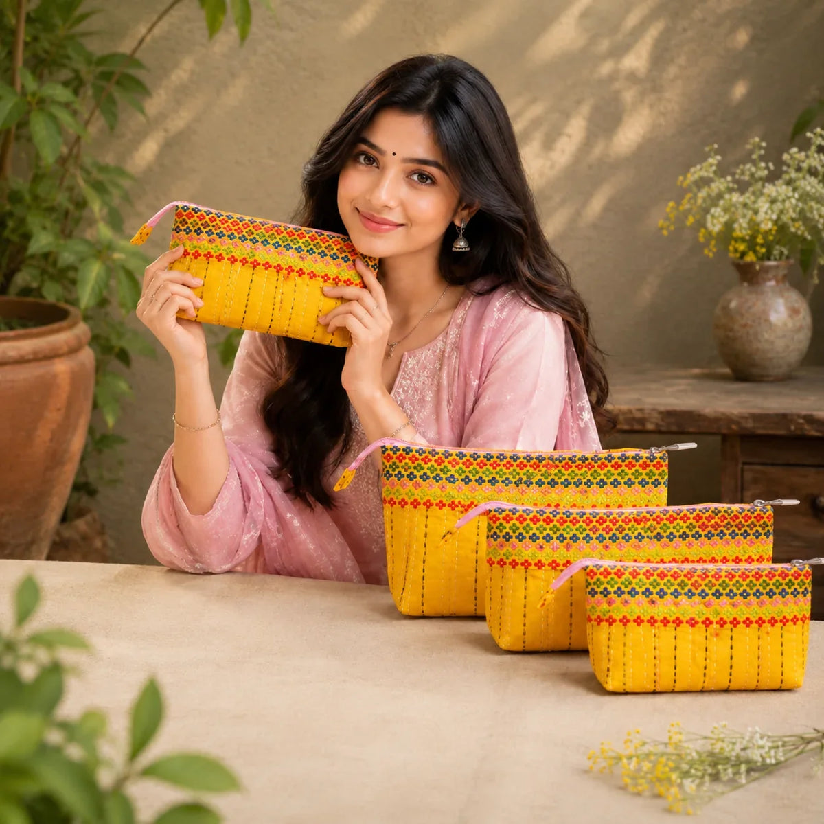 Hand Stitch Pouch Set – Golden Happiness