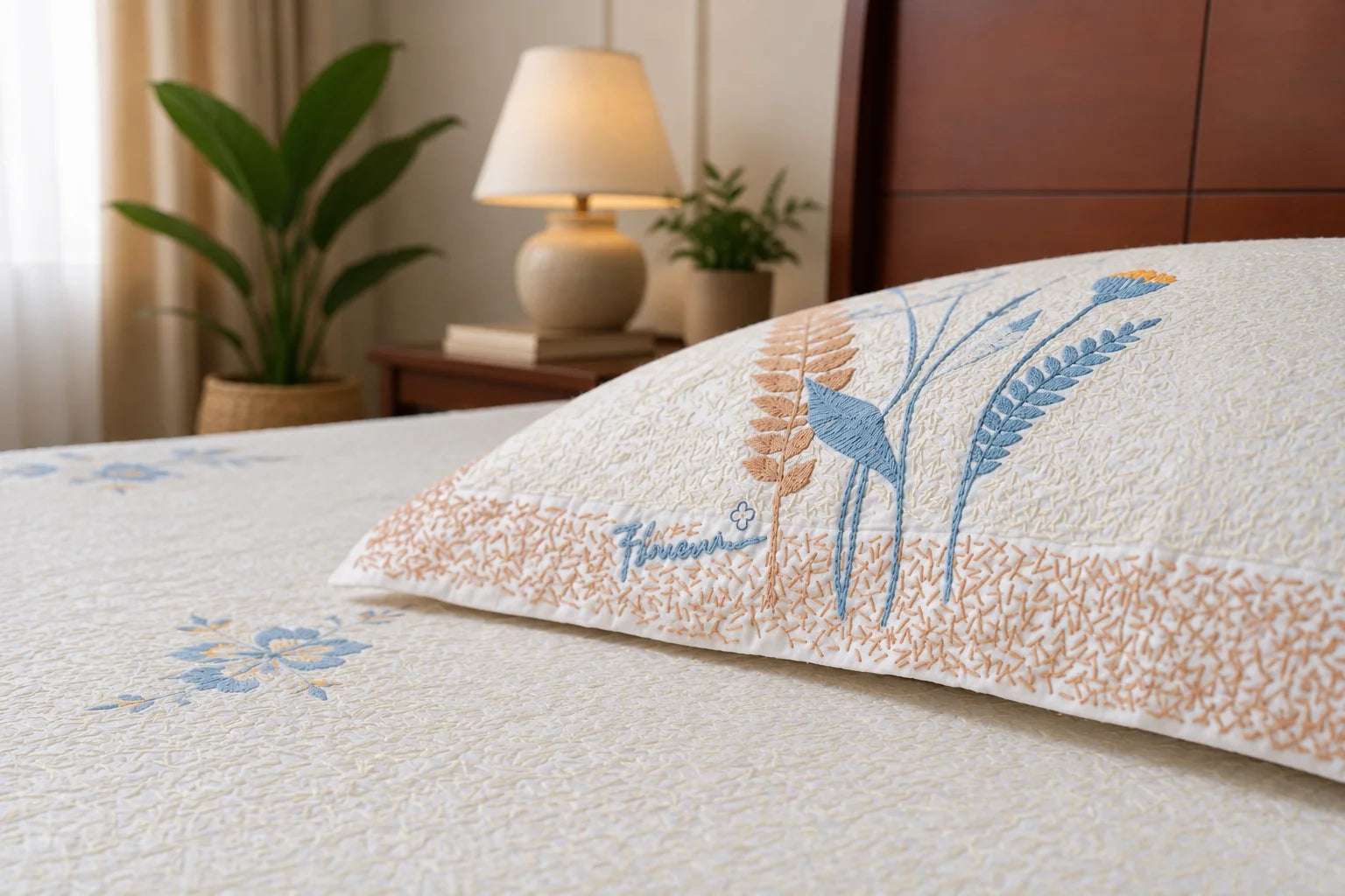 Hand Stitch Bed Cover Set – Blue Garden Bloom