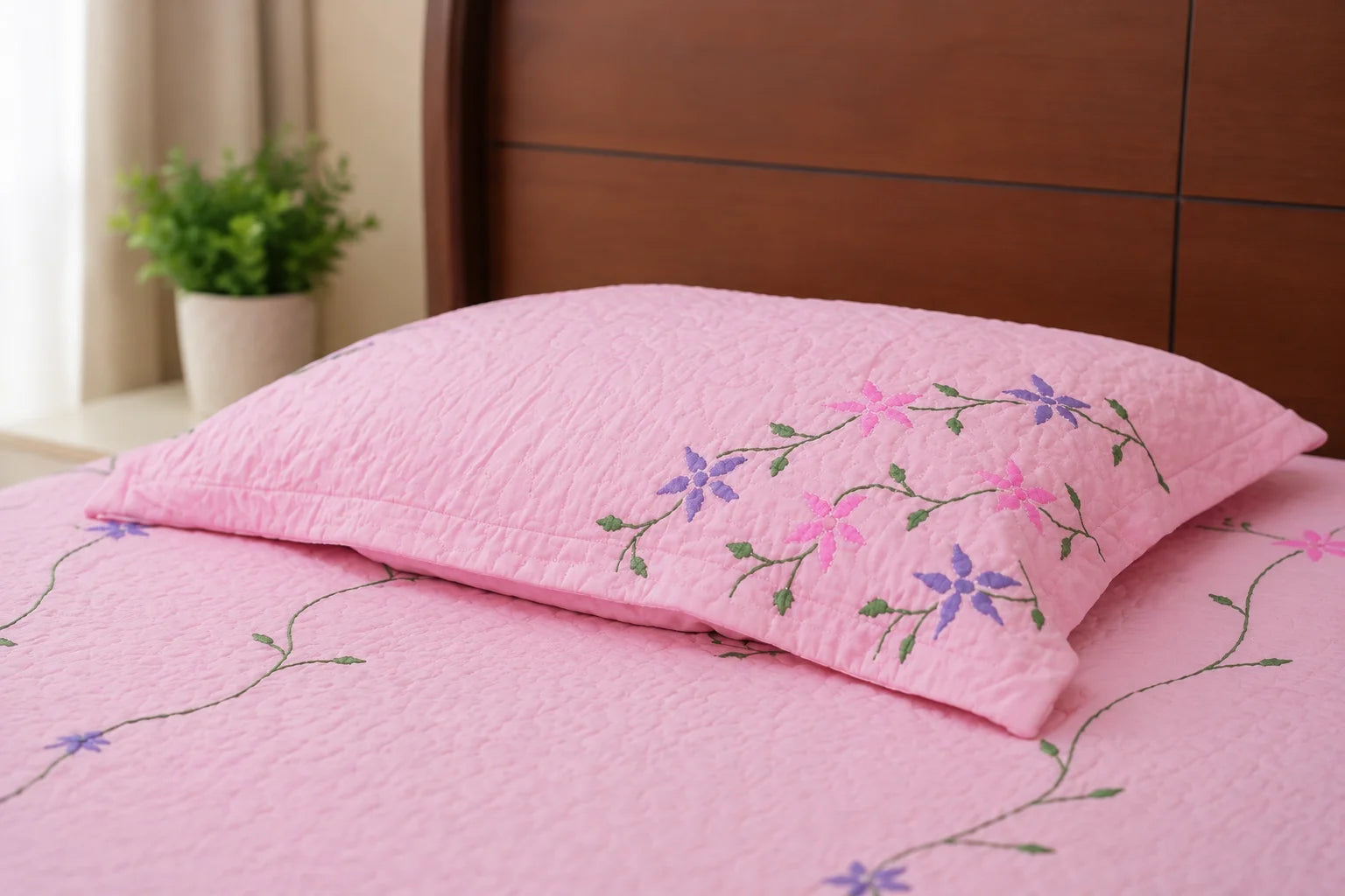 Hand Stitch Bed Cover Set – Pink Blossom Garden