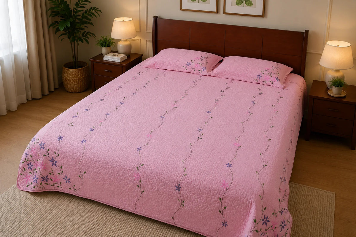 Hand Stitch Bed Cover Set – Pink Blossom Garden