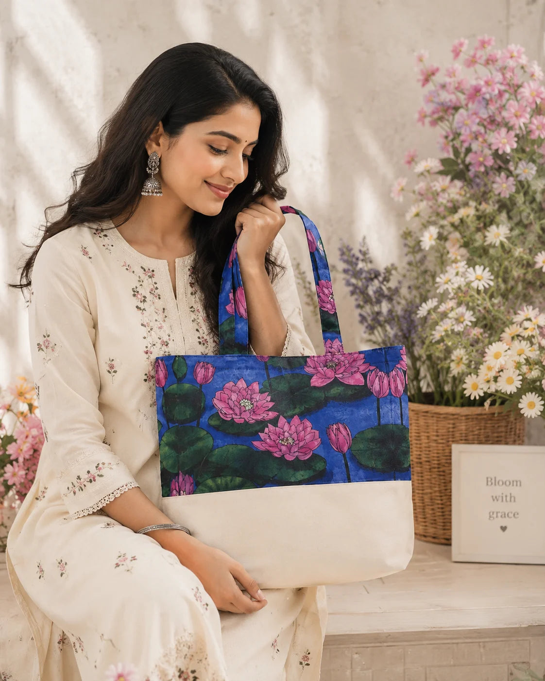 Printed Fabric Ladies Tote Bag – Lotus Garden
