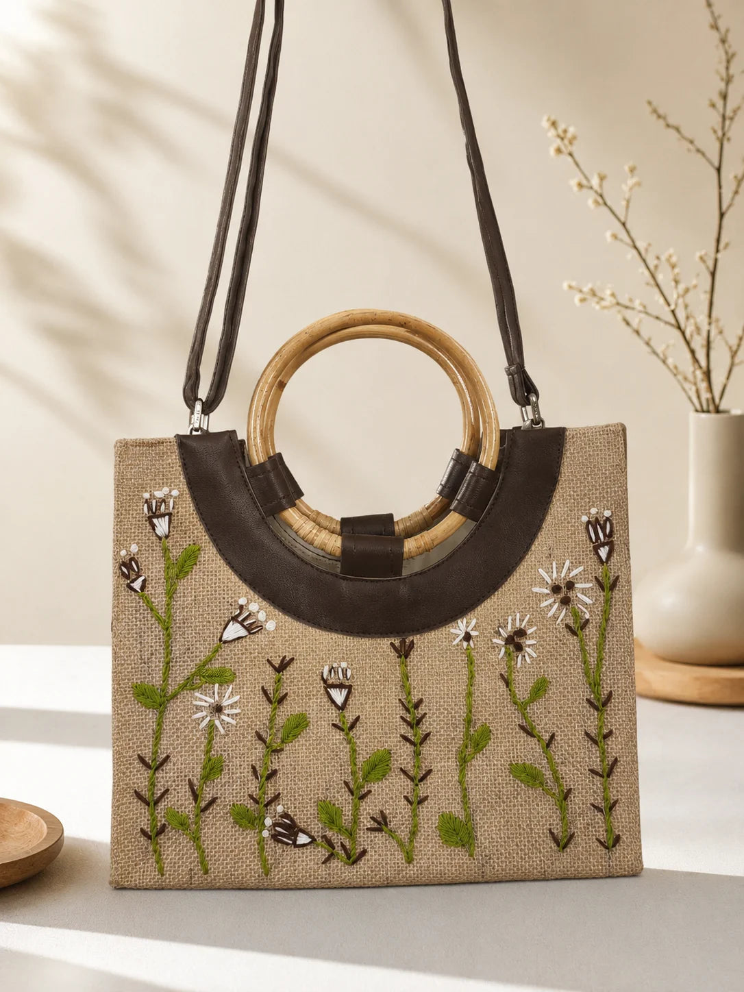 Jute Leather Mix Hand Stitch Ladies Bag – Garden of Peace