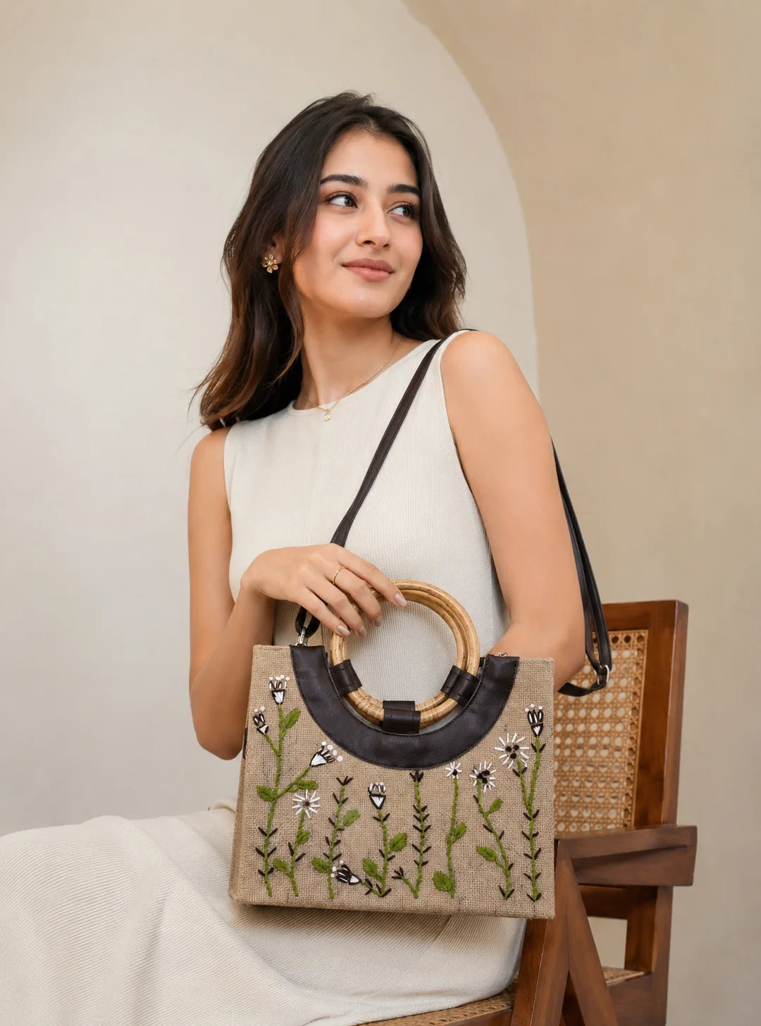 Jute Leather Mix Hand Stitch Ladies Bag – Garden of Peace