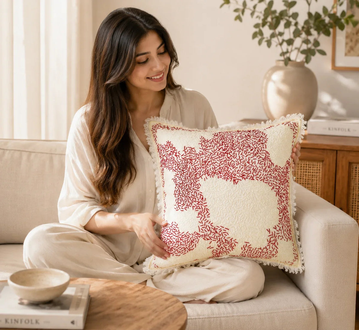 Handstitch Cushion - Crimson Journey