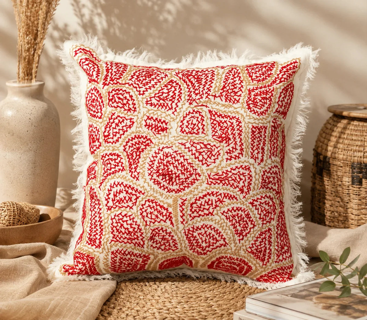 Handstitch Cushion - Crimson Bloom