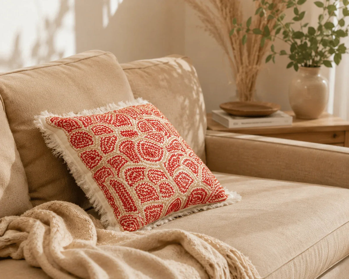 Handstitch Cushion - Crimson Bloom
