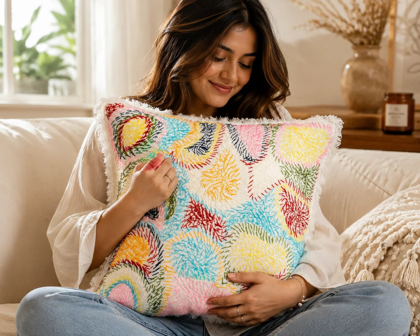 Handstitch Cushion - Joyful Rainbow