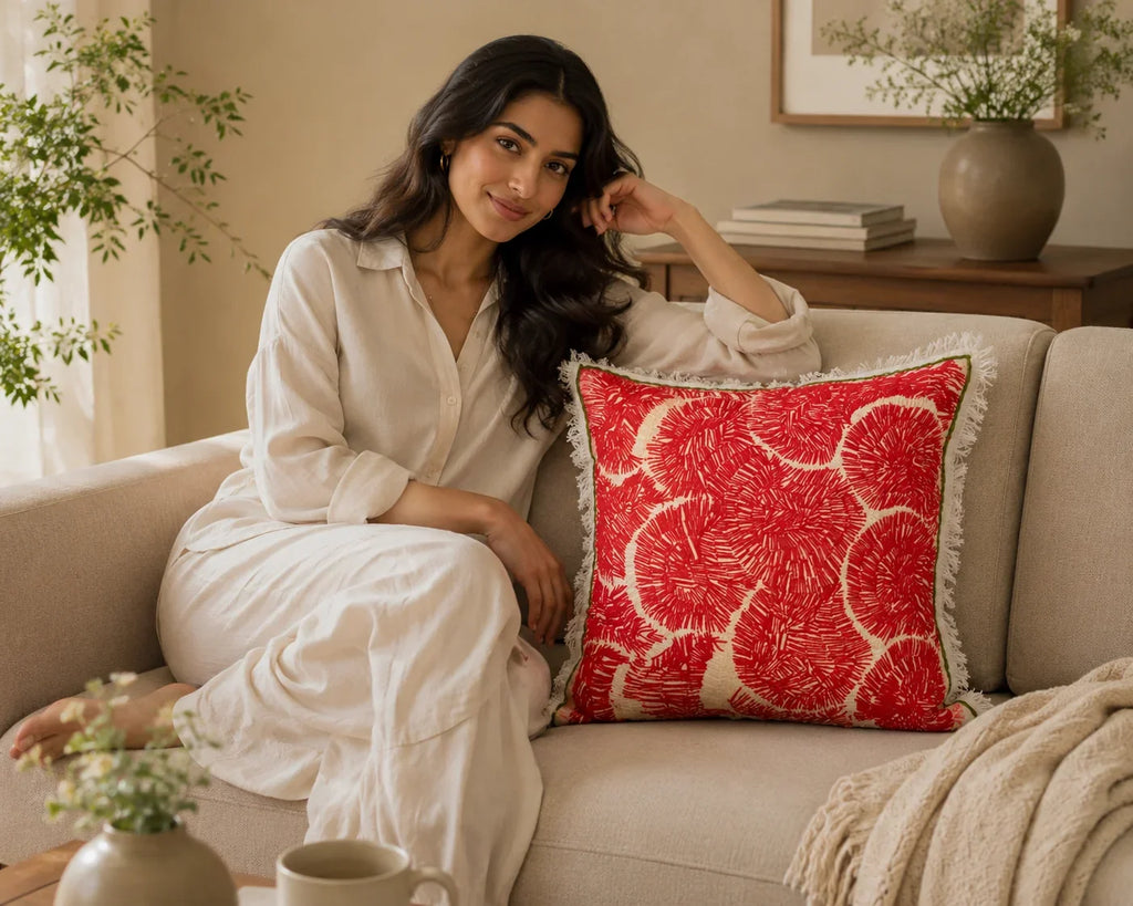 Handstitch Cushion - Crimson Waves