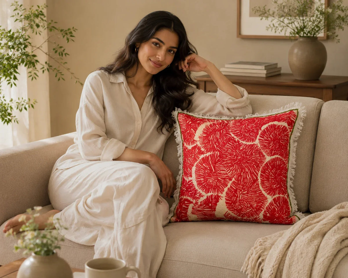 Handstitch Cushion - Crimson Waves