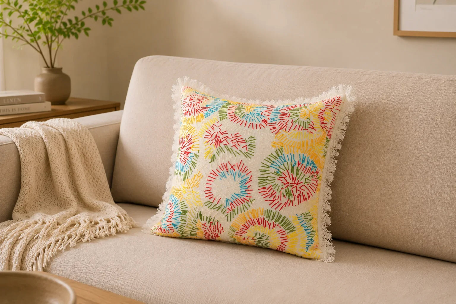 Handstitch Cushion - Rainbow Bloom