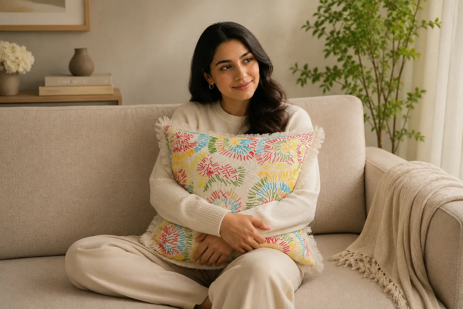 Handstitch Cushion - Rainbow Bloom