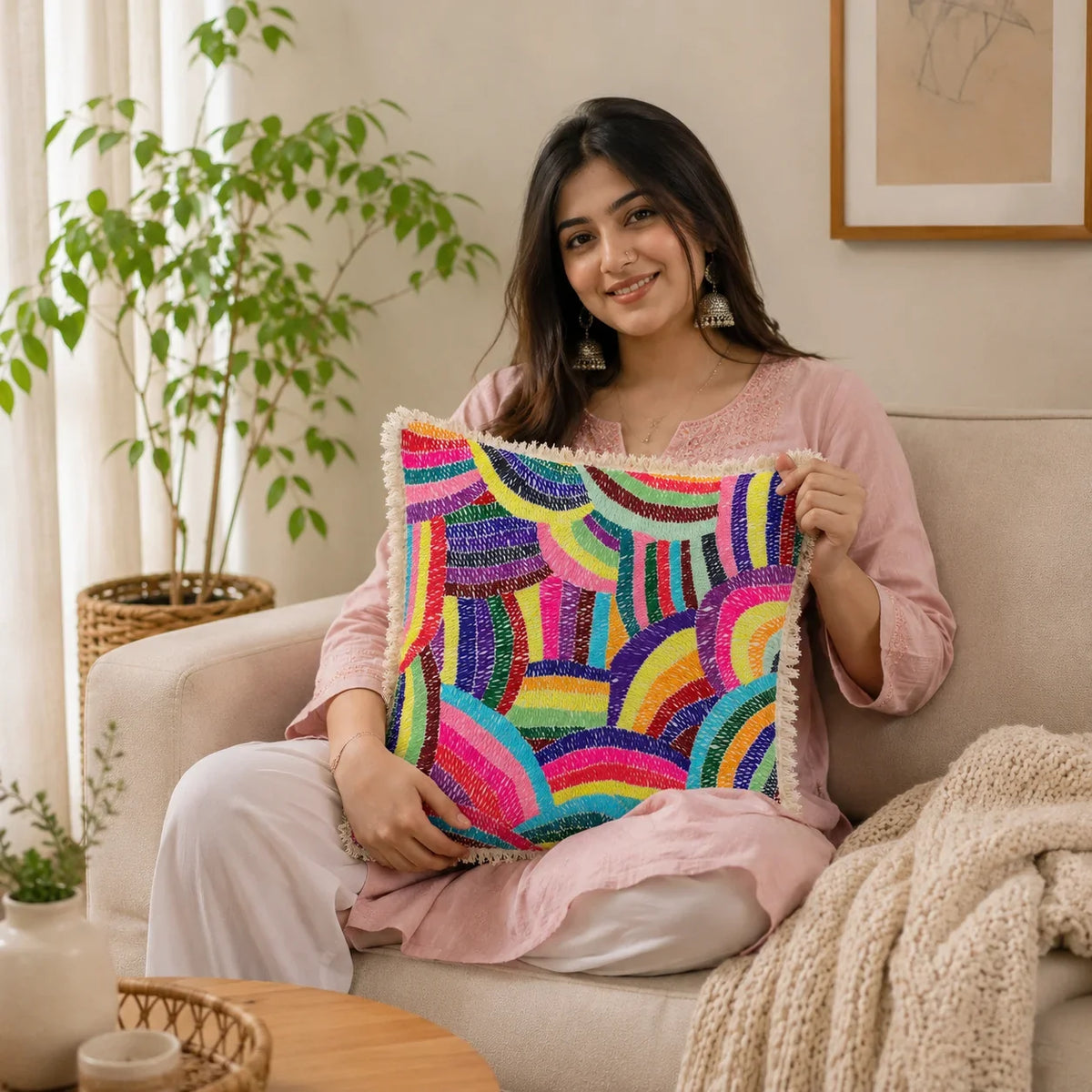 Handstitch Cushion - Rainbow Journey