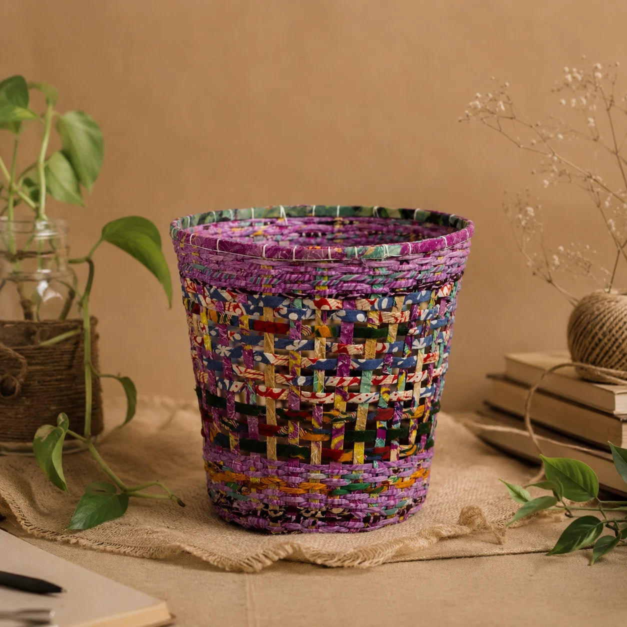 Handmade Recycle Bin – Colorful Eco Weave