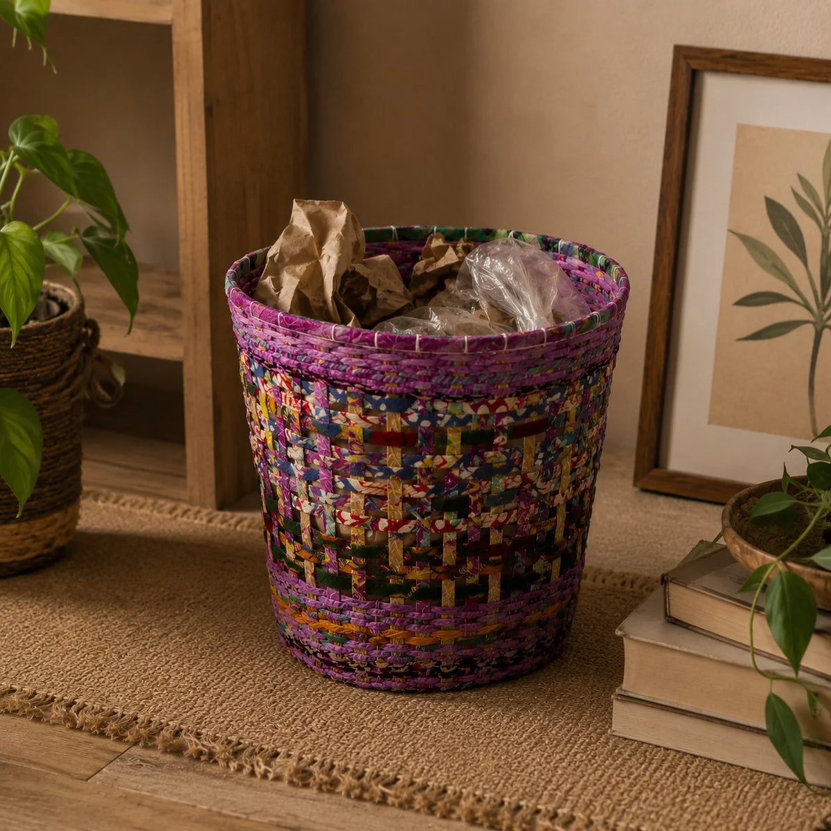 Handmade Recycle Bin – Colorful Eco Weave