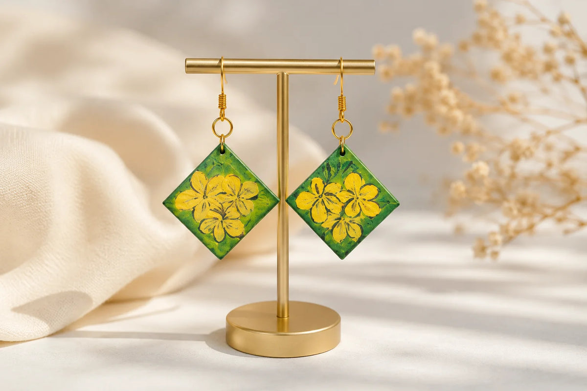 Hand Painted Earring – Golden Bloom