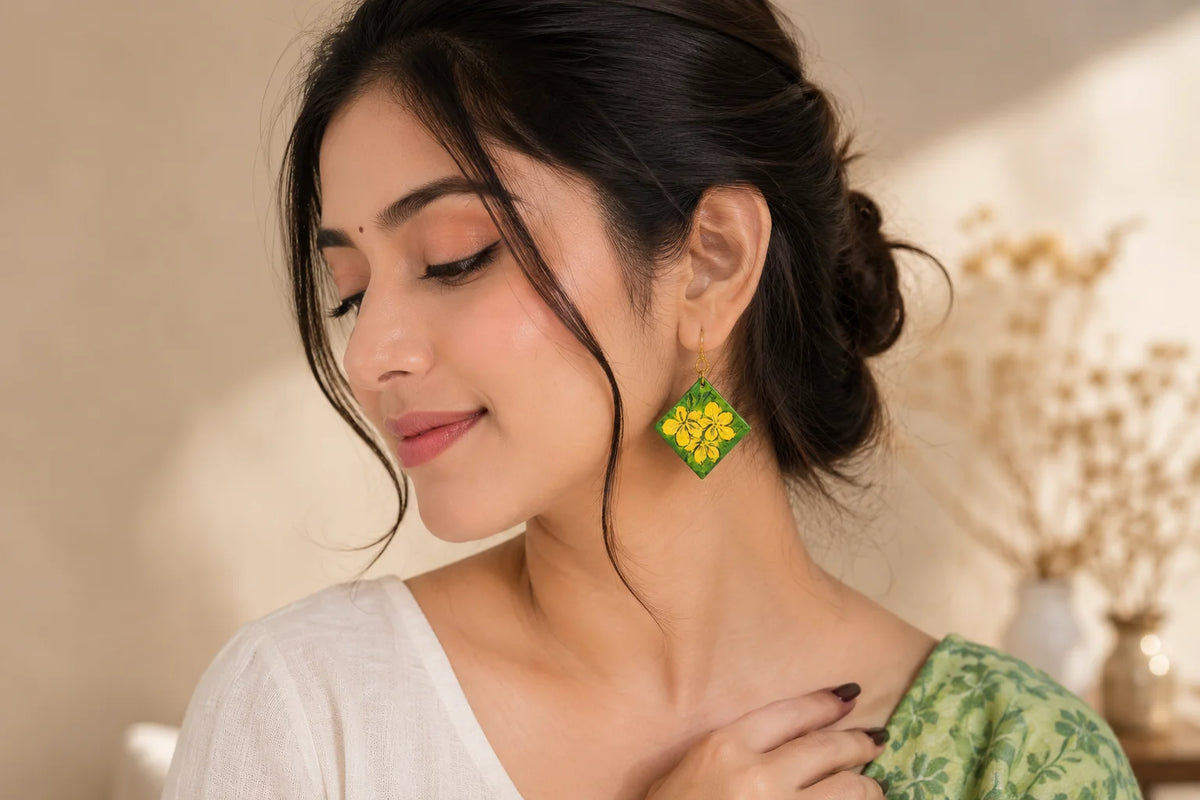 Hand Painted Earring – Golden Bloom